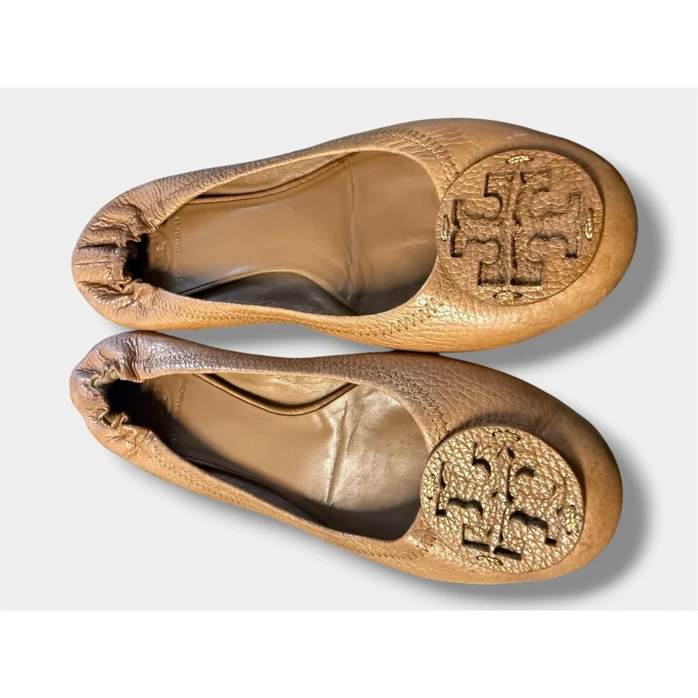 Tory Burch Minnie Ballet Flats Women 9.5M Tan Good Leather‎ Logo Travel Flat